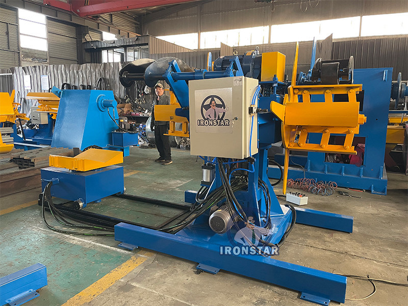 “5 Ton 500mm Width Double Head Hydraulic Decoiler With Loading Car Automatic Steel Coil Uncoiler For Roll Forming Line High Productivity Double Mandrel Hydraulic Decoiler  ”